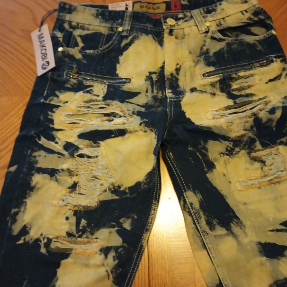 Men's Casual Denim Short Blue Ripped  By Makobi   7-POCKET Hip Hop Size 34